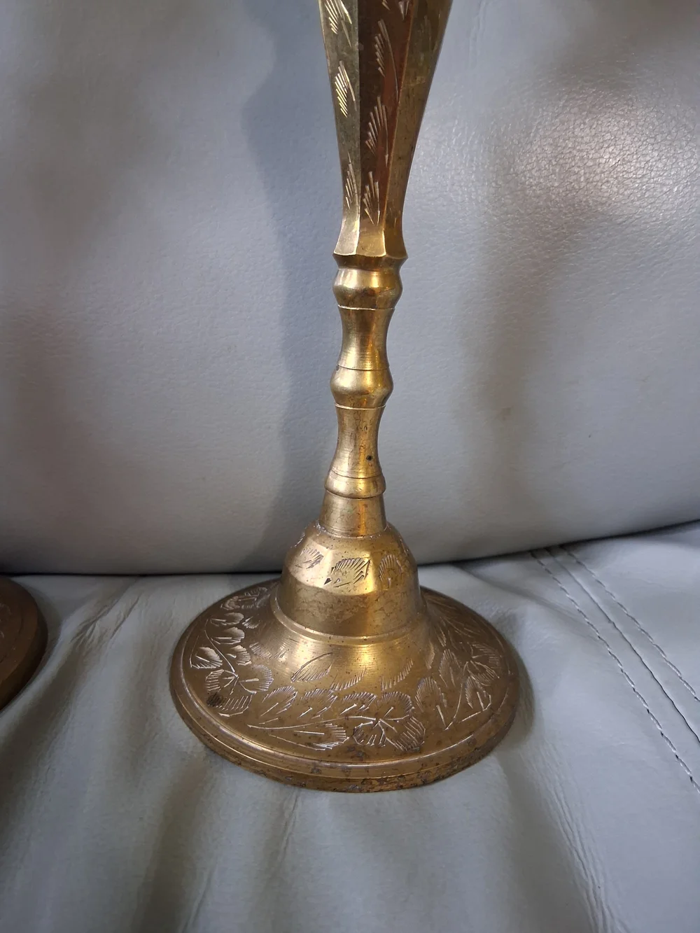 Vintage Pair Brass Candlestick Holders With Floral Etching